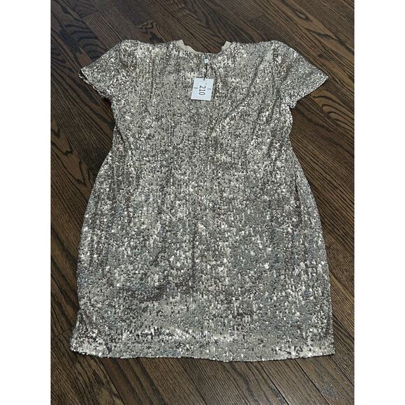 Generation Love Donna Sequin Mini Dress Puff Sleeves Lined Silver Size L NEW - Picture 1 of 10
